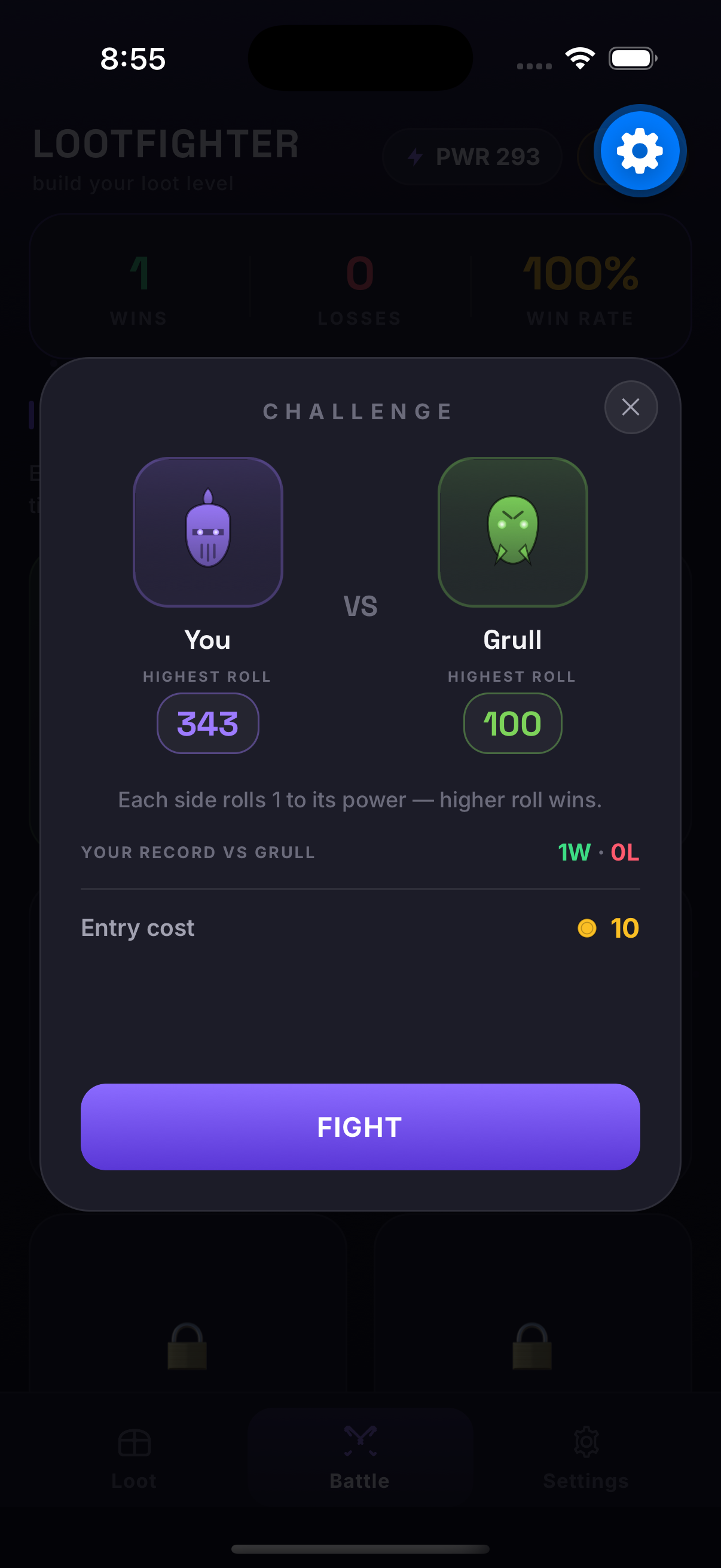 Fight challenge screen